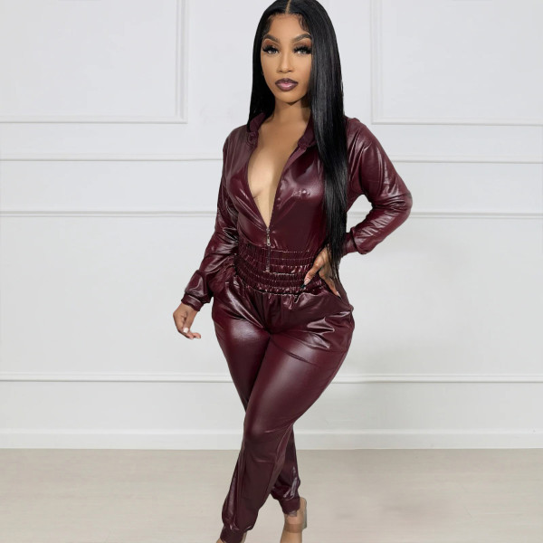 Sexy PU Leather Long Sleeve Casual Two Piece Pants Set NYF-8149