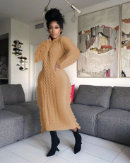 Solid Color Long Sleeve Tassel Sweater Midi Dress TR-1279