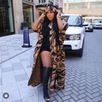 Casual Leopard Print Knits Short Sleeve Long Coat(With Headscarf) TR-1278