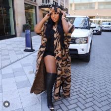 Casual Leopard Print Knits Short Sleeve Long Coat(With Headscarf) TR-1278
