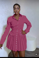 Long Sleeve Pleated Shirt Dress MEM-88517