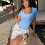 Square Neck Short Sleeve Skinny Bodysuit GOFY-23033
