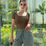 Square Neck Short Sleeve Skinny Bodysuit GOFY-23033