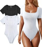 Square Neck Short Sleeve Skinny Bodysuit GOFY-23033