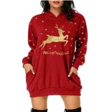 Plus Size Christmas Printed Mid-Length Hooded Sweatshirt GOFY-8868