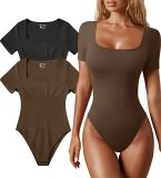 Square Neck Short Sleeve Skinny Bodysuit GOFY-23033
