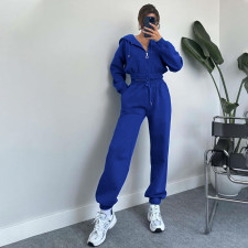 Solid Color Hooded Zipper Two Sport Piece Pants Set SSNF-211339