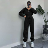 Solid Color Hooded Zipper Two Sport Piece Pants Set SSNF-211339