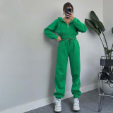 Solid Color Hooded Zipper Two Sport Piece Pants Set SSNF-211339
