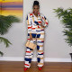 Plus Size Irregular Print Long Sleeve Shirt Two Piece Pants Set NY-10616