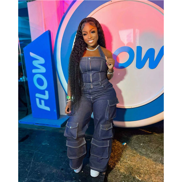 Faux Denim Fashion Halter Jumpsuit QYXZ-9143