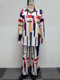 Plus Size Irregular Print Long Sleeve Shirt Two Piece Pants Set NY-10616
