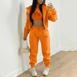 Letter Print  Padded Sweatshirt Hooded Three Piece Pants Set TK-6302