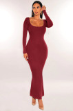 Slim Square Neck Long Sleeve Knit Maxi Dress MZ-2813