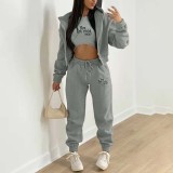 Letter Print  Padded Sweatshirt Hooded Three Piece Pants Set TK-6302