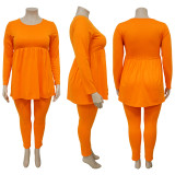 Plus Size Solid Long Sleeve T Shirts Two Piece Pants Set NNWF-7943