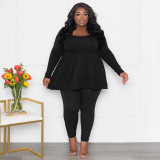 Plus Size Solid Long Sleeve T Shirts Two Piece Pants Set NNWF-7943