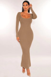 Slim Square Neck Long Sleeve Knit Maxi Dress MZ-2813
