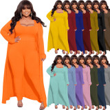 Plus Size Solid Color Long Sleeve Two Piece Pants Set NNWF-7934