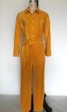 Solid Pleated Long Sleeve Two Piece Pants Set(With Waist Belt) MIL-L514