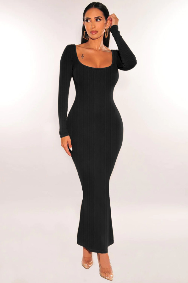 Slim Square Neck Long Sleeve Knit Maxi Dress MZ-2813