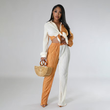 Color Block Long Sleeve Pants Loose Two Piece Set MIL-521