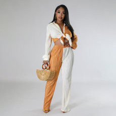 Color Block Long Sleeve Pants Loose Two Piece Set MIL-521