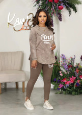 Plus Size PINK Letter Print Short Sleeve Two Piece Pants Set WAF-76302
