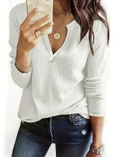 Solid Color Knit V-Neck Top T-Shirt SH-390767