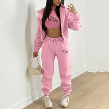 Letter Print  Padded Sweatshirt Hooded Three Piece Pants Set TK-6302