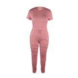 Solid Color Short Sleeve Pleated Pants Sport 2 Piece Set TE-4639