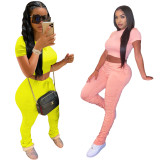 Solid Color Short Sleeve Pleated Pants Sport 2 Piece Set TE-4639