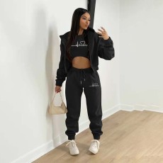 Padded Sweatshirt Hooded Letter Print Three Piece Set TK-6300