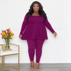 Plus Size Solid Long Sleeve T Shirts Two Piece Pants Set NNWF-7943