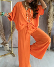 Solid Color V Neck Wide Leg Pants Two Piece Set SHD-9613