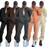Solid Color Zipper Sweatshirt Coat Two Piece Pants Set SSNF-211340