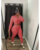 Solid Color Sweater Knit Long Sleeve Two Piece Pants Set QXTF-8213
