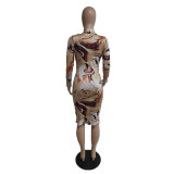 Drawstrast Printed Casual Midi Dress QXTF-8826