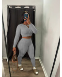 Solid Color Sweater Knit Long Sleeve Two Piece Pants Set QXTF-8213