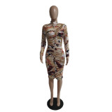 Drawstrast Printed Casual Midi Dress QXTF-8826