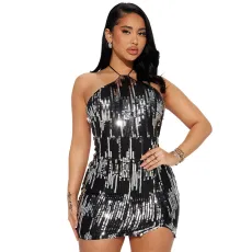 Sexy Tie Up Halter Backless Sequin Dress CYA-900760