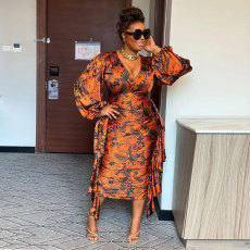 Plus Size Printed Ruffle Pleated Lantern Sleeve Midi Dress NY-10597