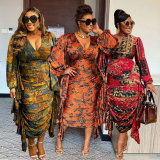 Plus Size Printed Ruffle Pleated Lantern Sleeve Midi Dress NY-10597