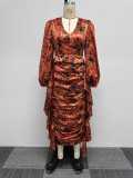 Plus Size Printed Ruffle Pleated Lantern Sleeve Midi Dress NY-10597