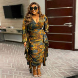 Plus Size Printed Ruffle Pleated Lantern Sleeve Midi Dress NY-10597