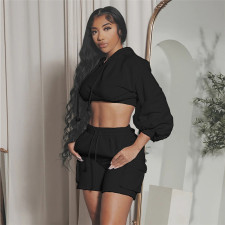 Solid Hooded Short Sweatshirt And Shorts Sport 2 Piece Set XEF-35062