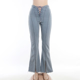 Fashion Hollow Out Tie Up Split Straight Jean FL-23007