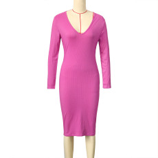 Solid Color Long Sleeve Casual Midi Dress SH-390818