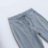 Fashion Hollow Out Tie Up Split Straight Jean FL-23007