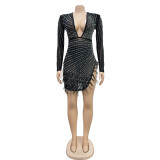 Sexy Deep V Neck Mesh Hot Drill Mini Dress BY-6659